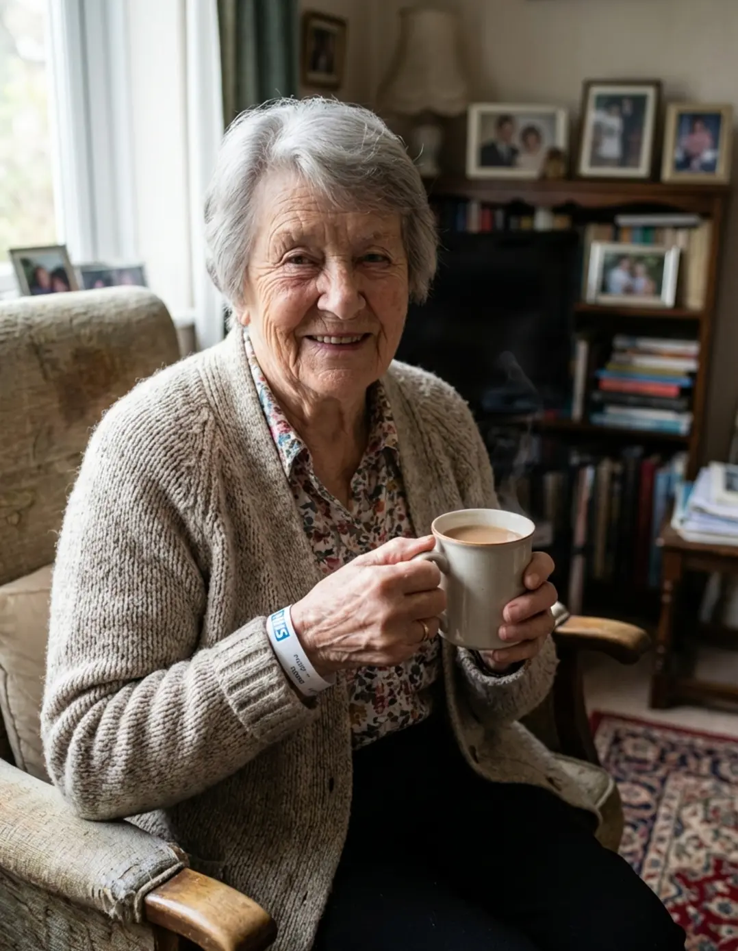 Margaret, elderly woman checking medication alerts